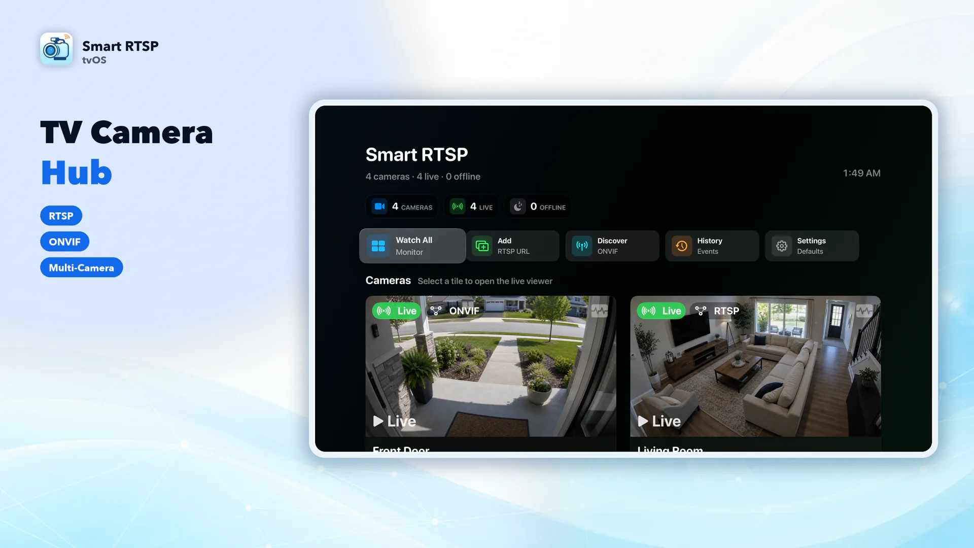 SmartRTSP camera hub on Apple TV with Siri Remote focus cards