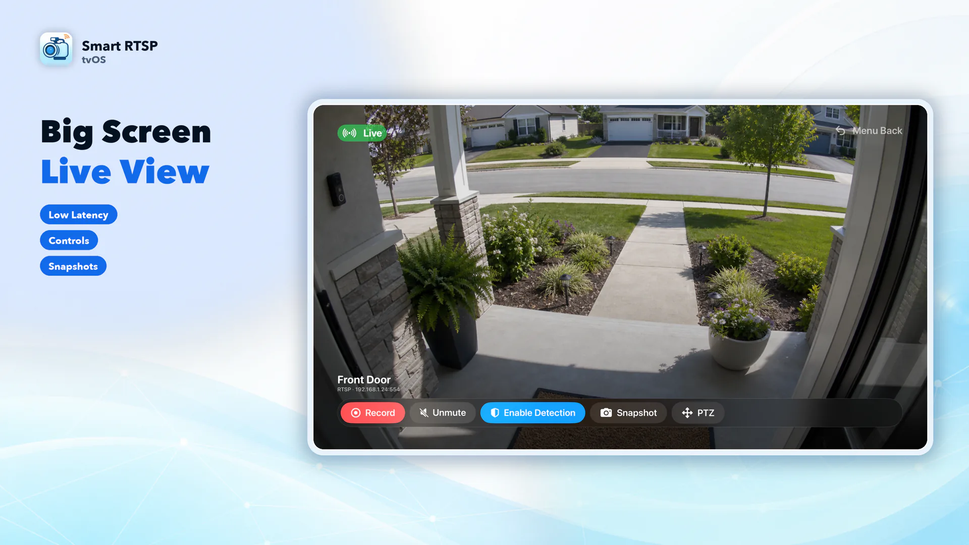 SmartRTSP for Apple TV — full-screen live view