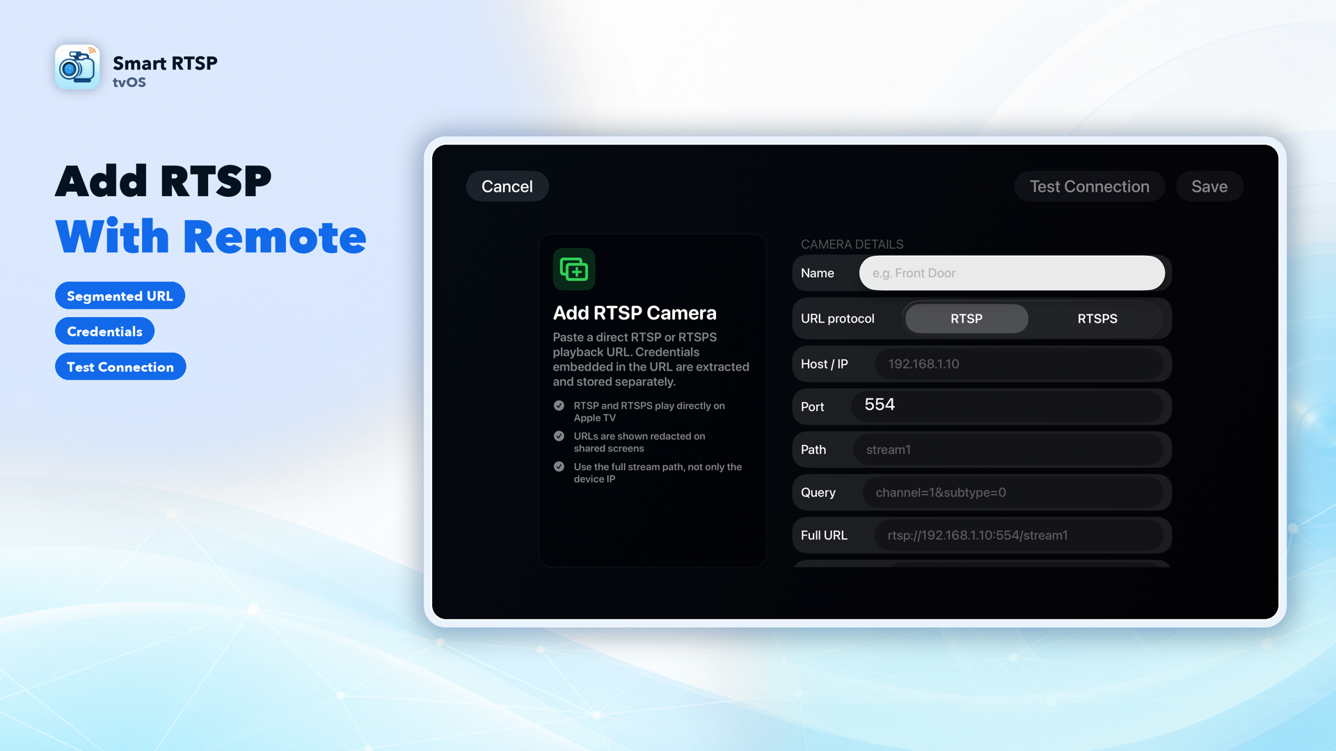 Manual RTSP camera setup screen with connection testing on Apple TV