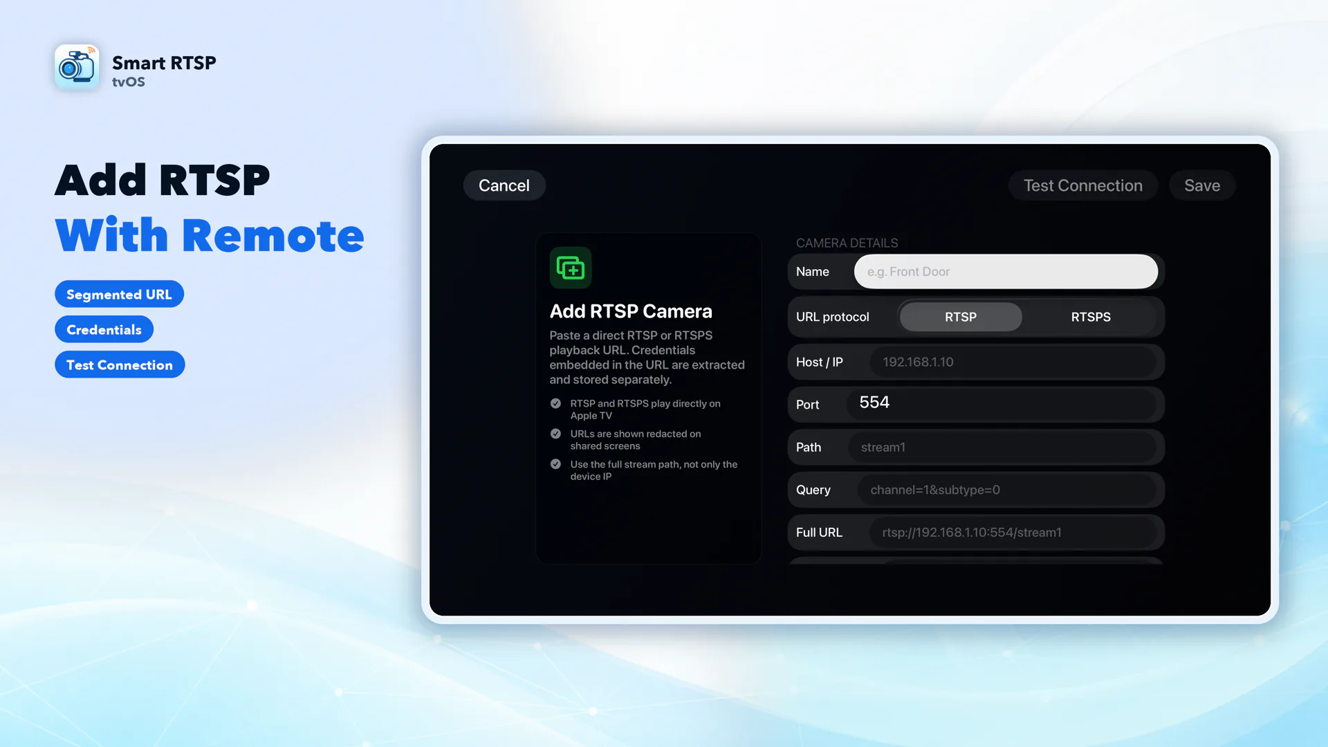 Manual RTSP camera setup screen with connection testing on Apple TV