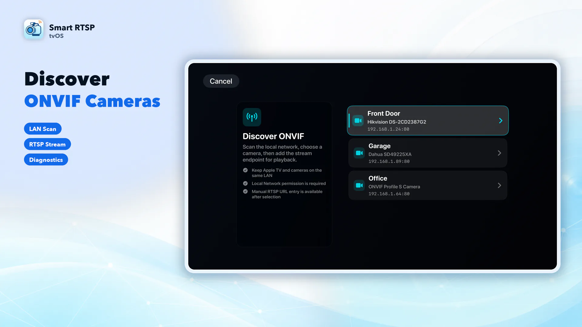 ONVIF camera discovery screen on Apple TV local network scan