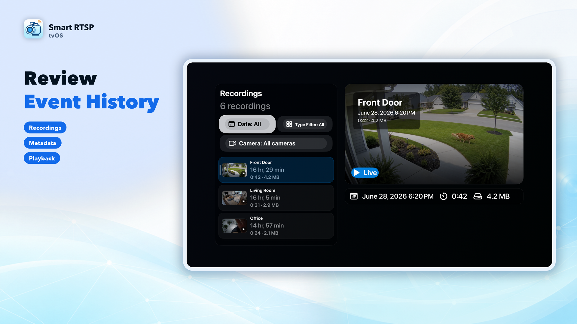 Recording event history screen with filters on Apple TV