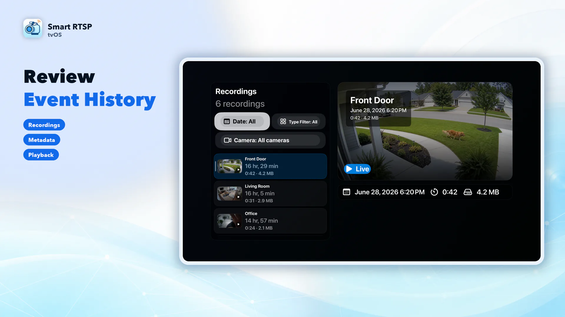 Recording event history screen with filters on Apple TV