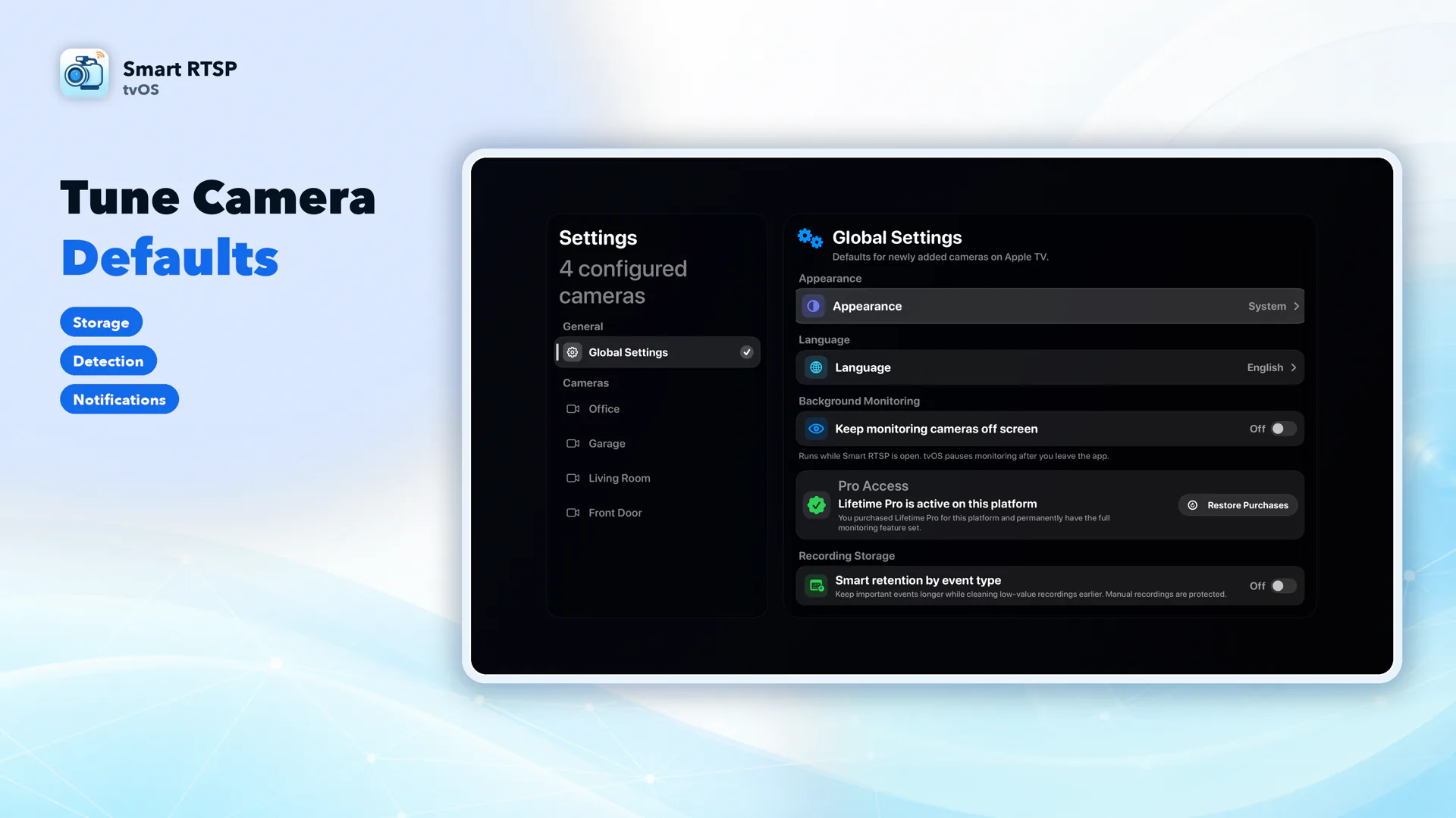 Per-camera settings screen on Apple TV