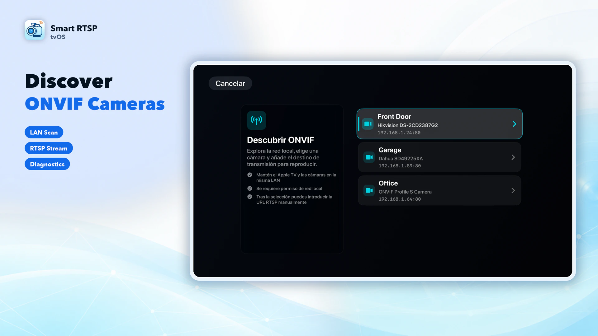 SmartRTSP para Apple TV: descubre cámaras ONVIF en tu red local. Los nombres de dispositivos de ejemplo no certifican la compatibilidad de las marcas.