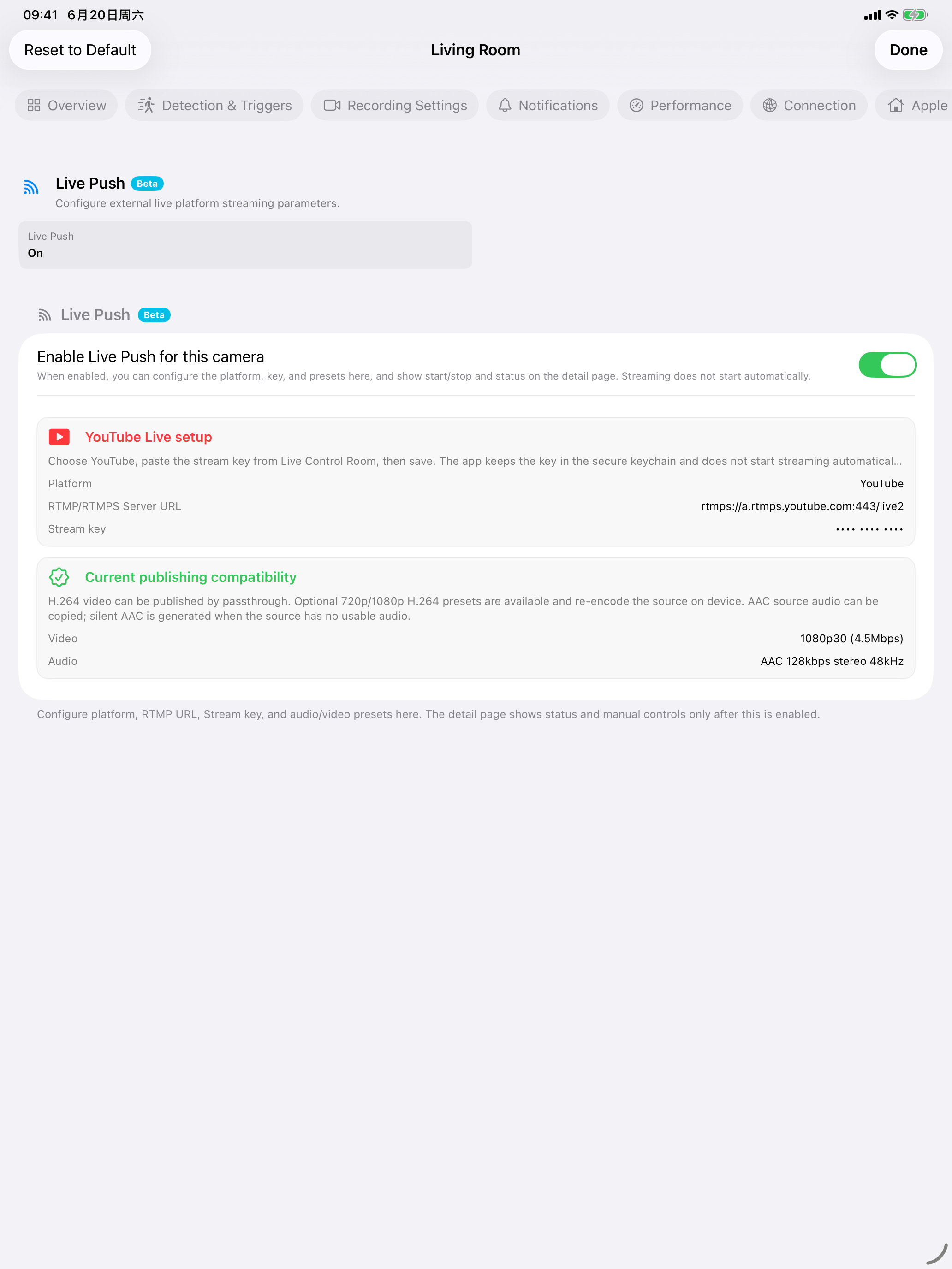 SmartRTSP Live Push settings