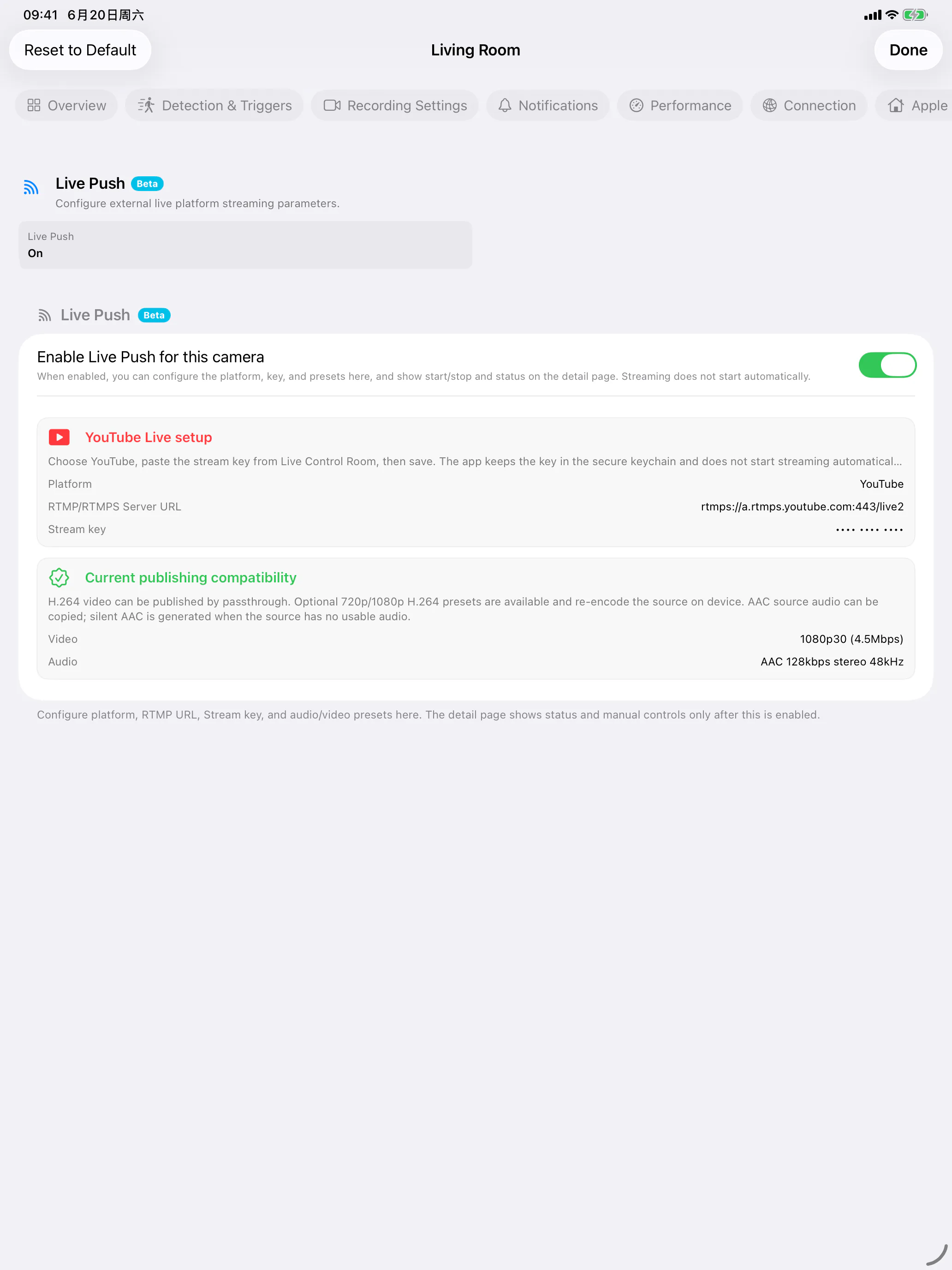 SmartRTSP for iPad — YouTube Live Push settings