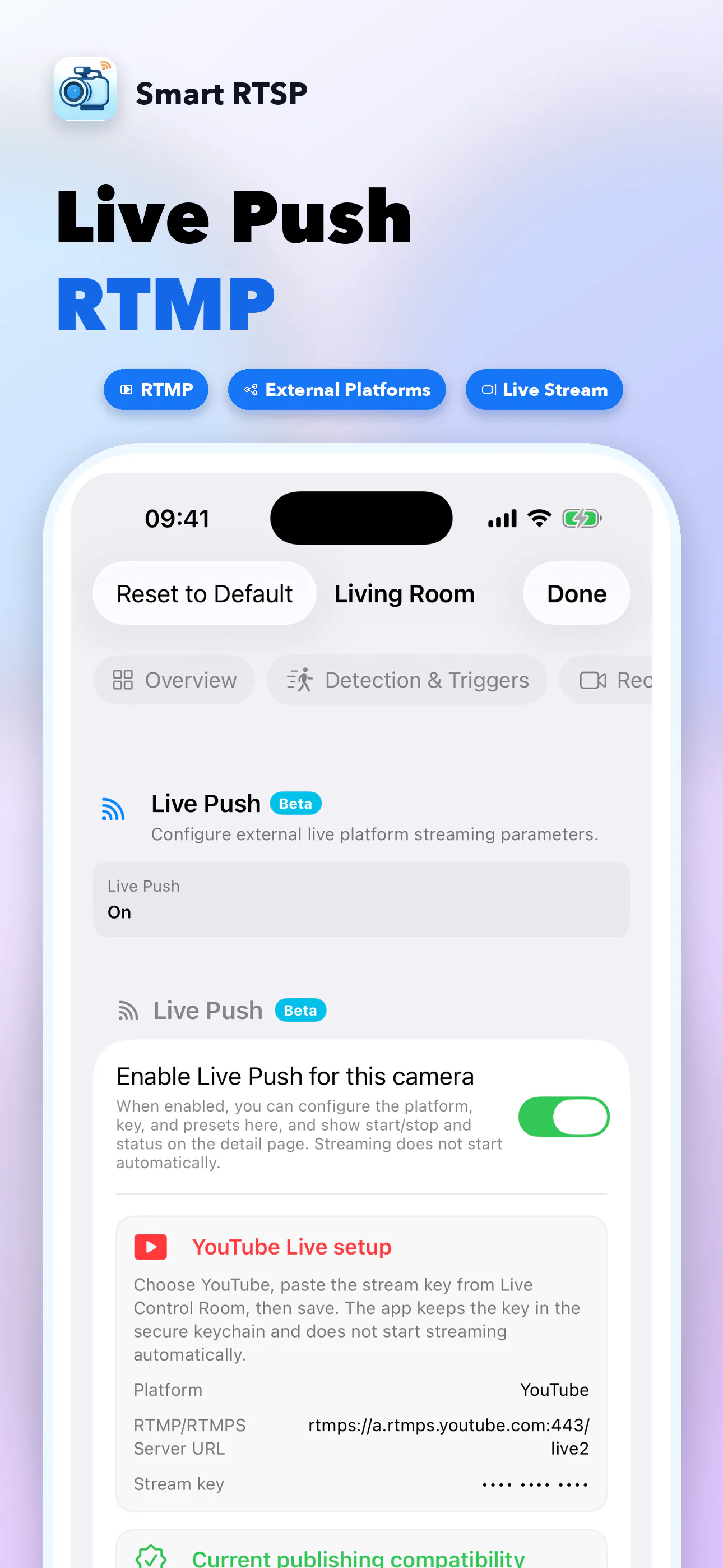 SmartRTSP for iPhone — YouTube Live Push settings