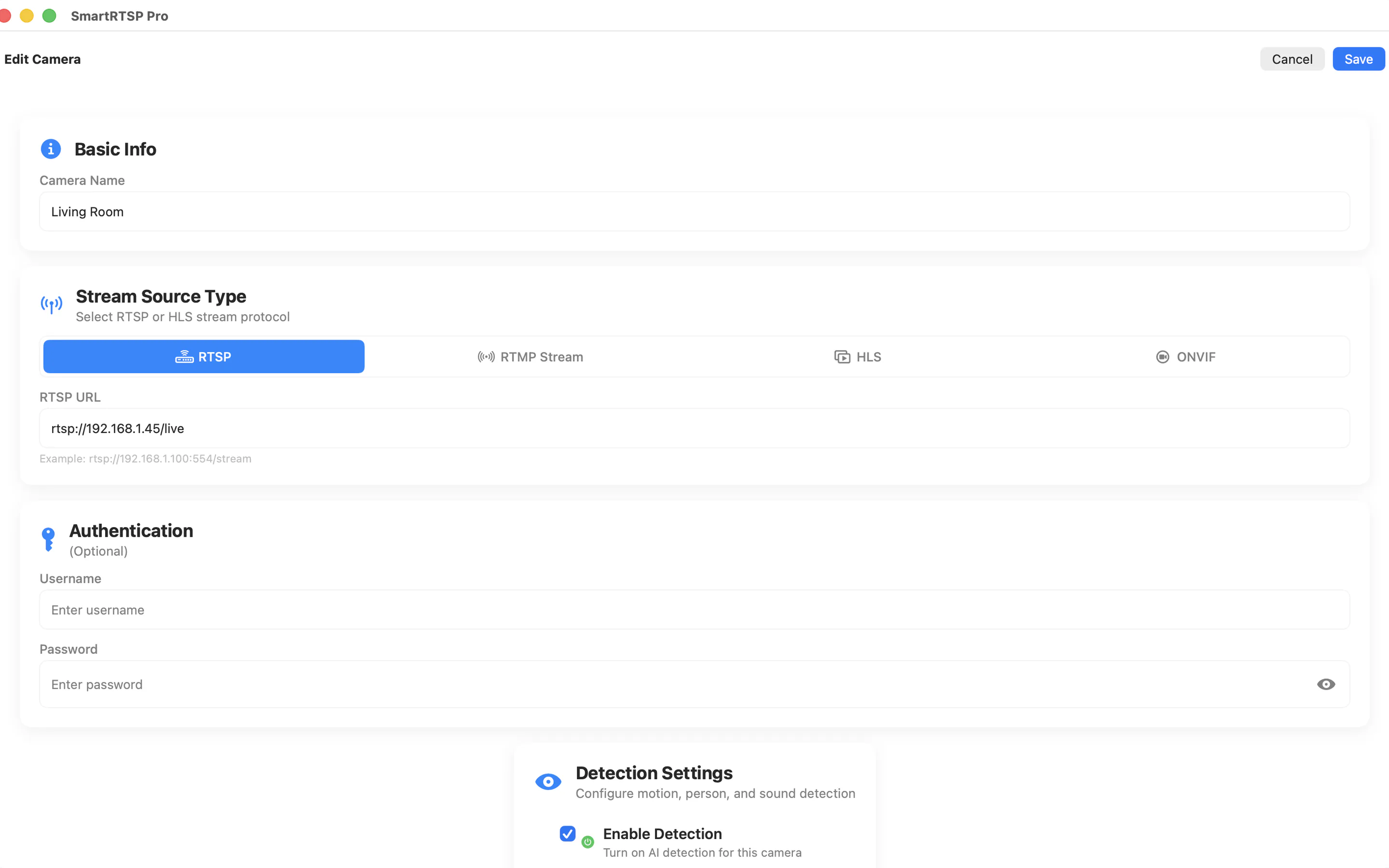 SmartRTSP add camera options