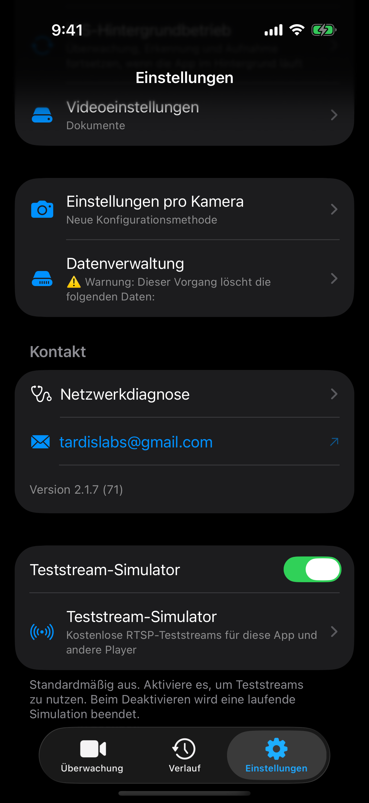 Aktivieren Sie den kostenlosen Teststream-Simulator in den Einstellungen.