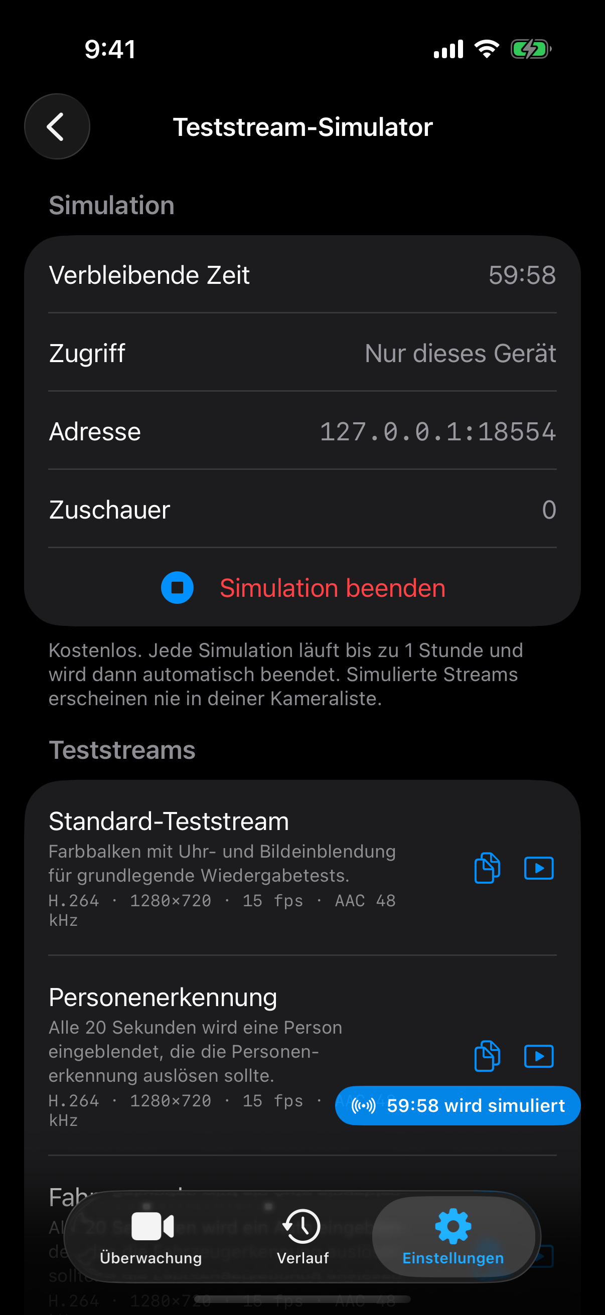 Starten Sie eine Sitzung, wählen Sie einen Teststream und kopieren Sie seine Adresse oder öffnen Sie die Vorschau.