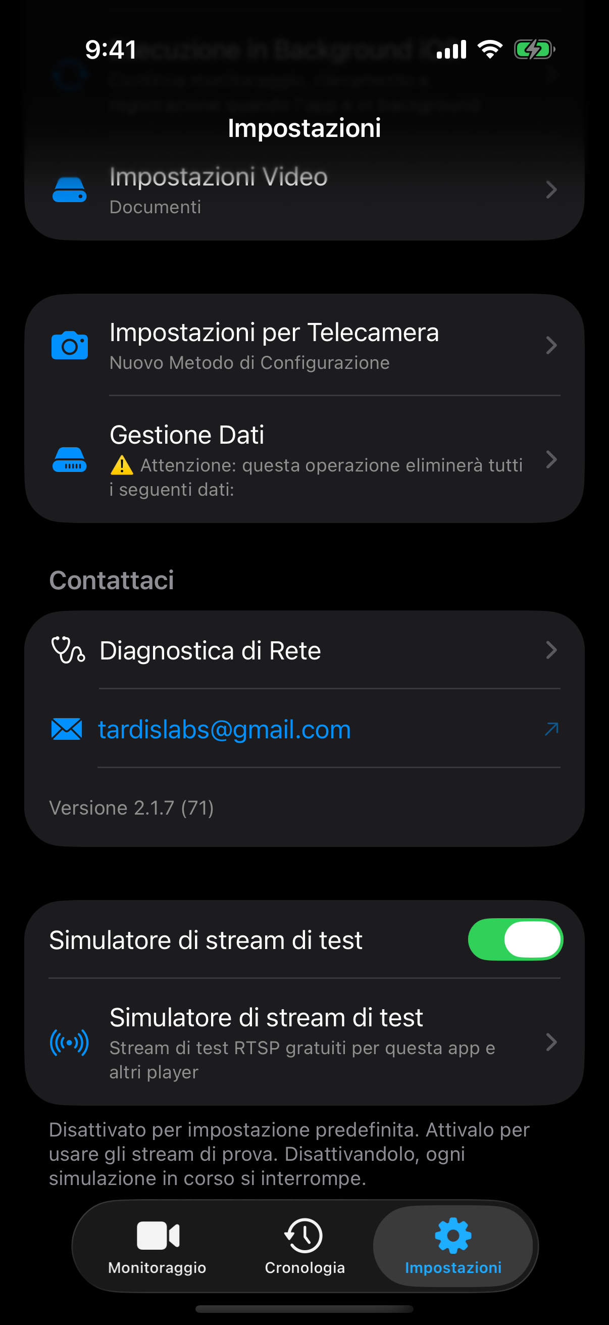 Attiva il Simulatore gratuito di flussi di prova nelle Impostazioni.