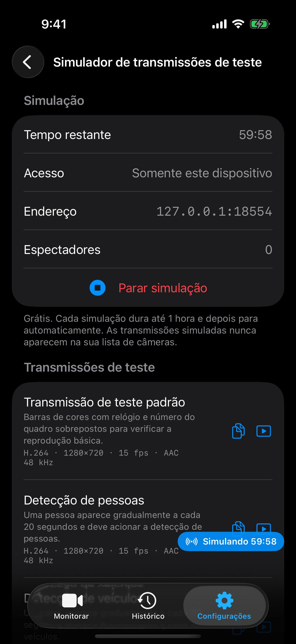 Inicie uma sessão, escolha um stream de teste e copie o endereço ou abra a prévia.